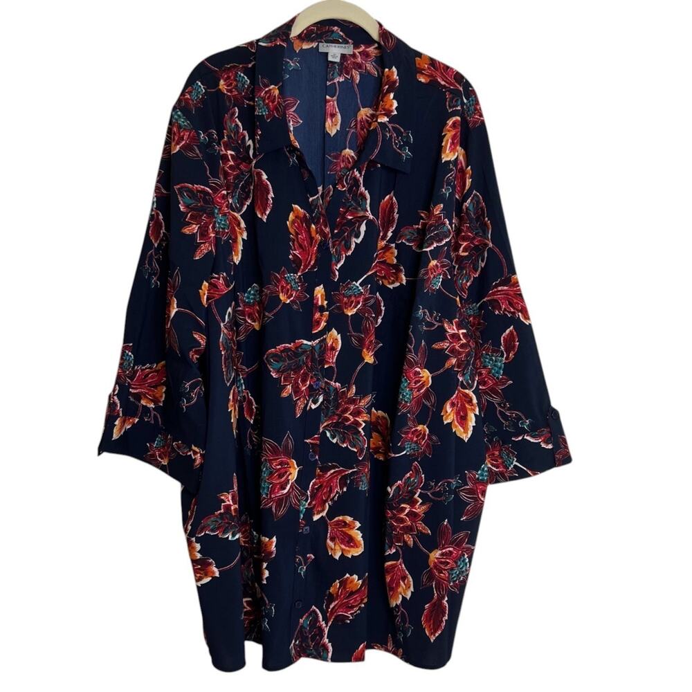 Catherines Womens Blouse 4X Navy Red Floral Button Front 3/4 Sleeves Plus Size